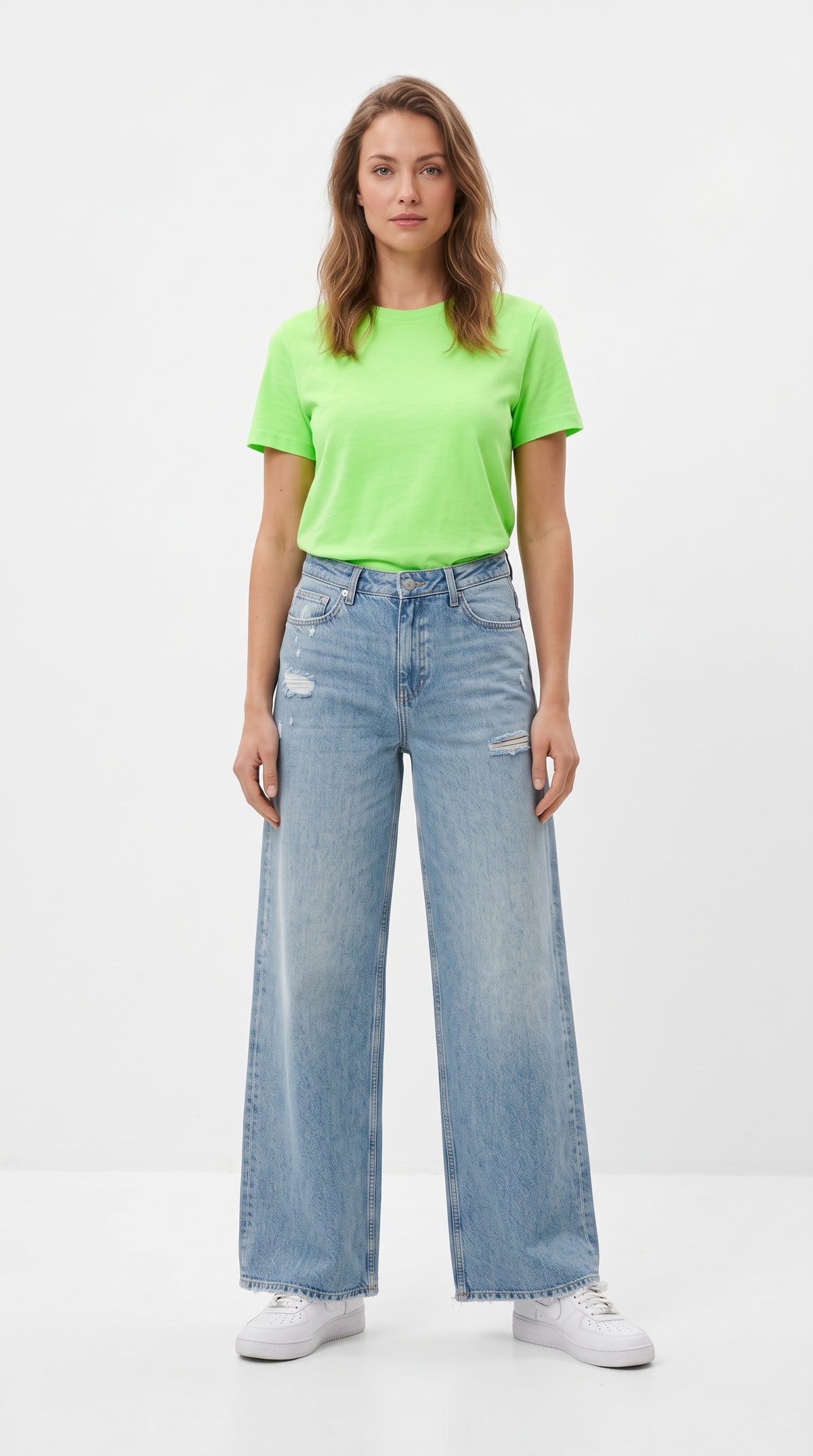 Tahriş Detaylı Açık Mavi Wide Leg Kot Pantolon