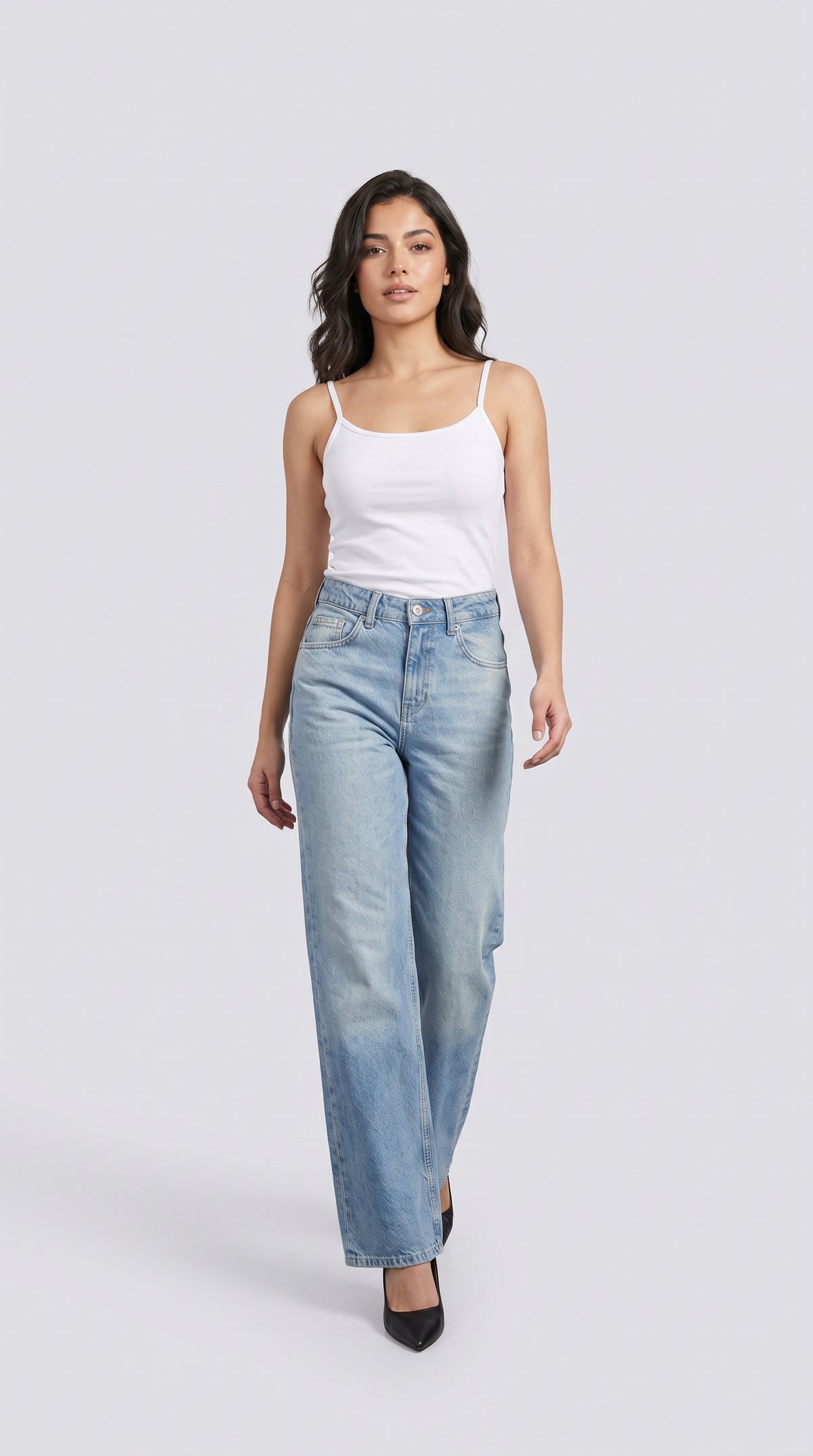 Yüksek Bel Orta Mavi Uzun Wide Leg Kot Pantolon