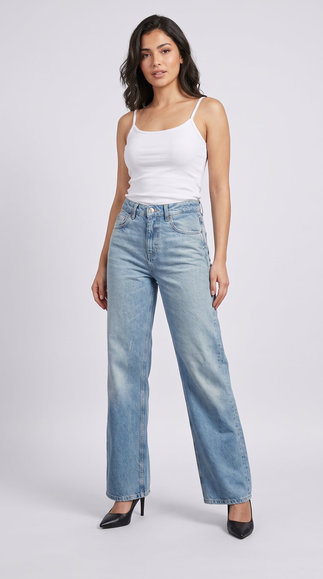 Yüksek Bel Orta Mavi Uzun Wide Leg Kot Pantolon - 2. görsel