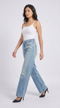 Yüksek Bel Orta Mavi Uzun Wide Leg Kot Pantolon - 3. görsel