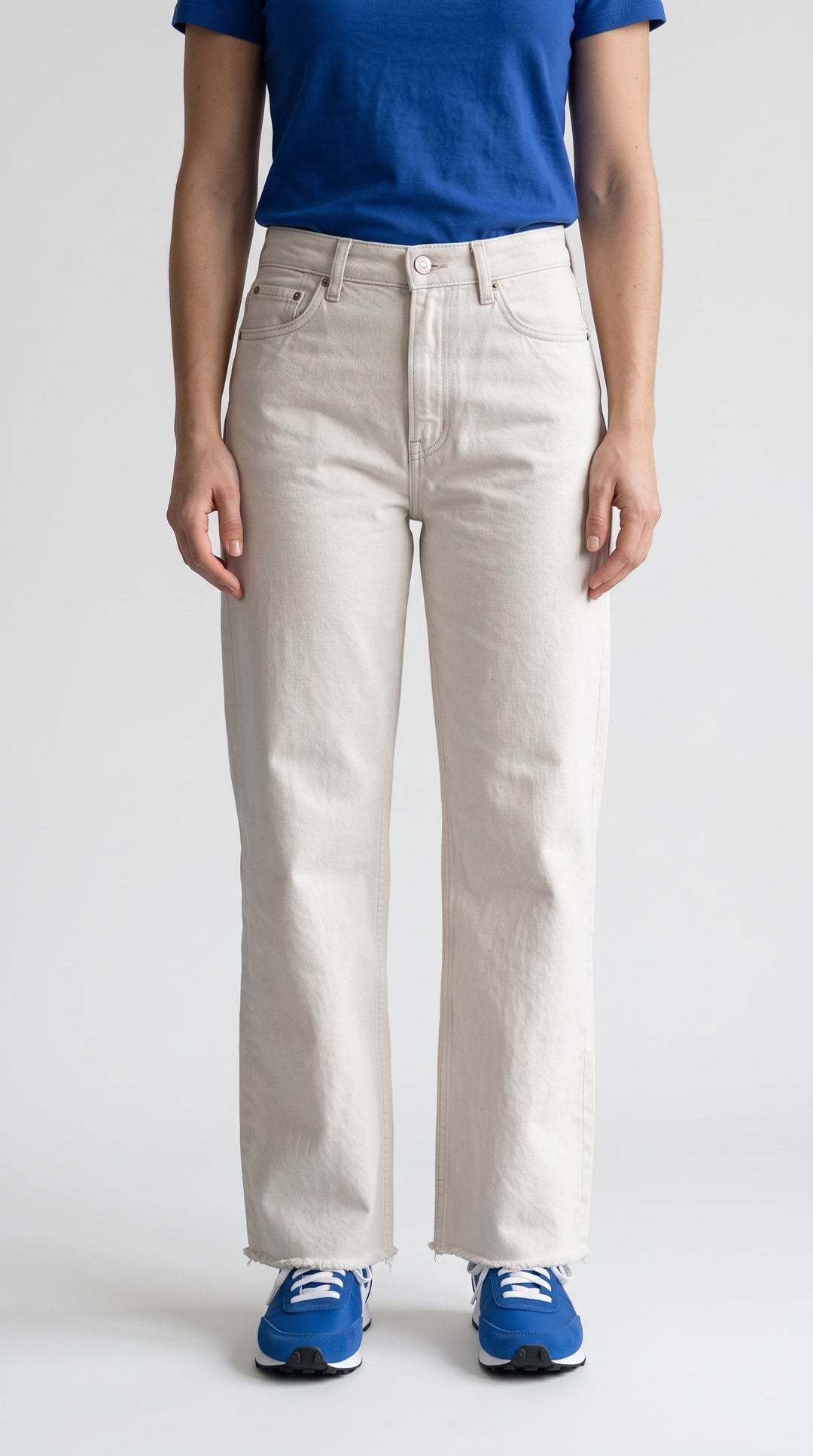 Ekru Kesik Paça Wide Leg Kot Pantolon - 4. görsel