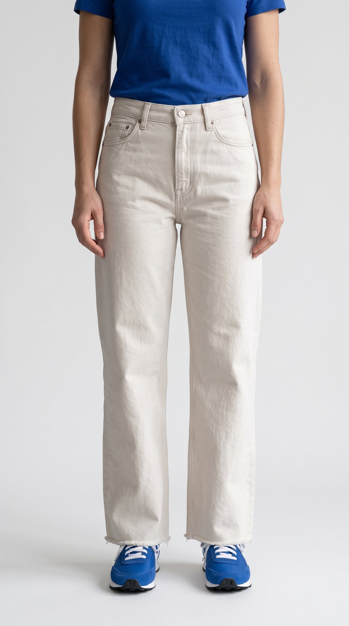 Ekru Kesik Paça Wide Leg Kot Pantolon - 4. görsel