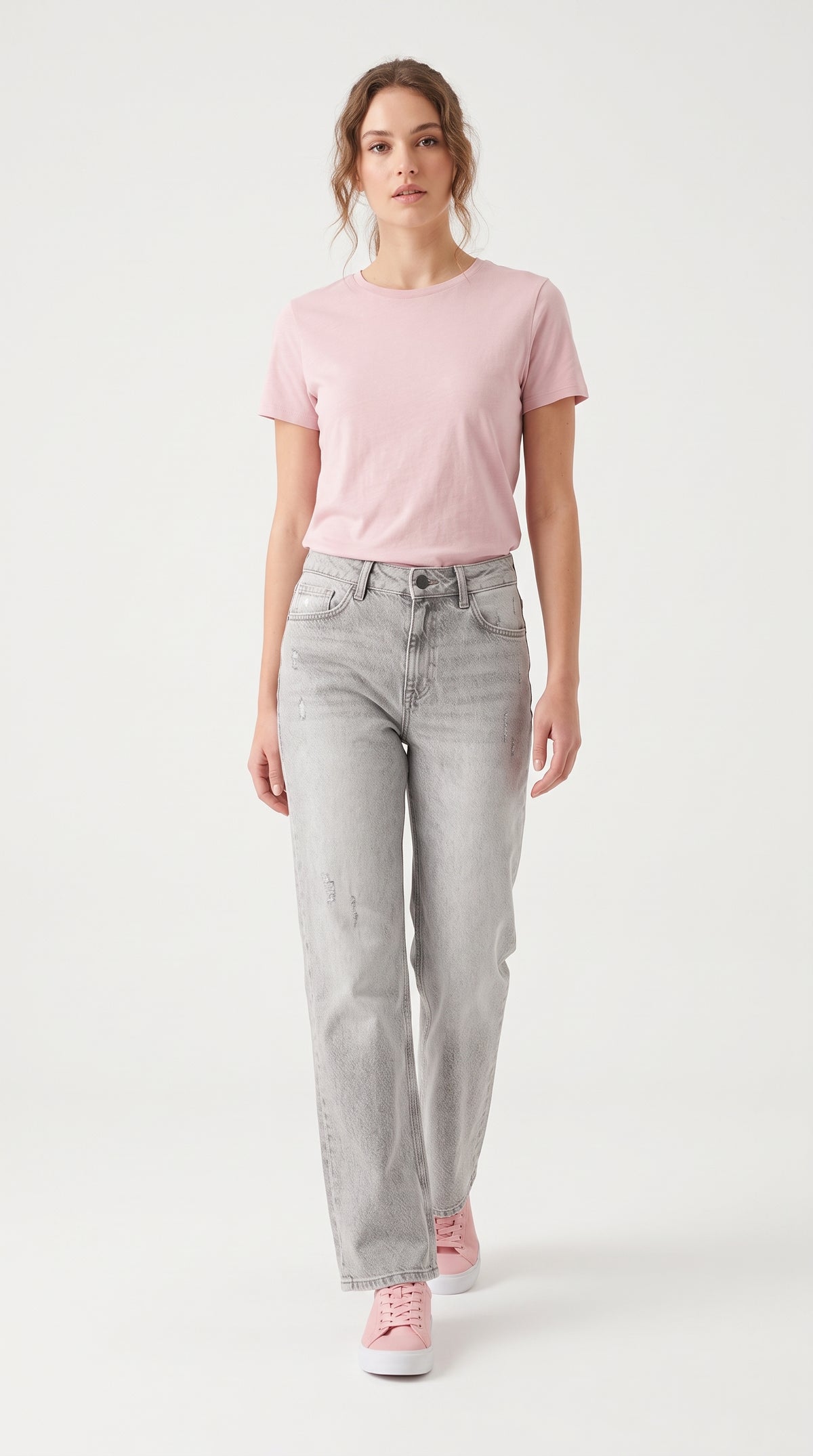Tahriş Detaylı Gri Wide Leg Kot Pantolon