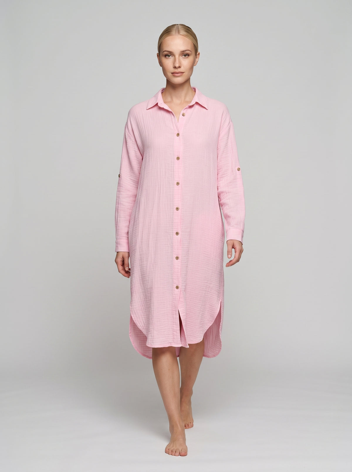 Pembe uzun müslin kadın gömlek, %100 pamuk, düğmeli