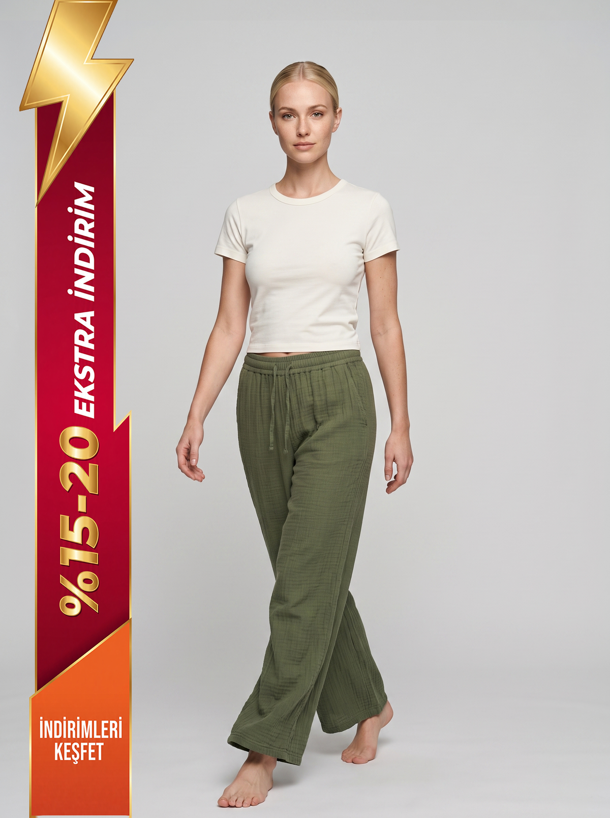 Müslin kadın pantolon, %100 pamuk, beli lastikli