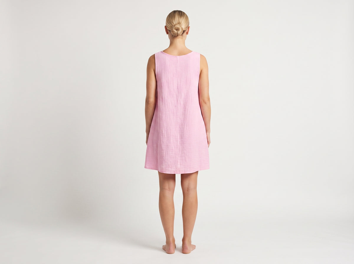 Pembe müslin kolsuz mini kadın elbise, %100 pamuk - 2. görsel