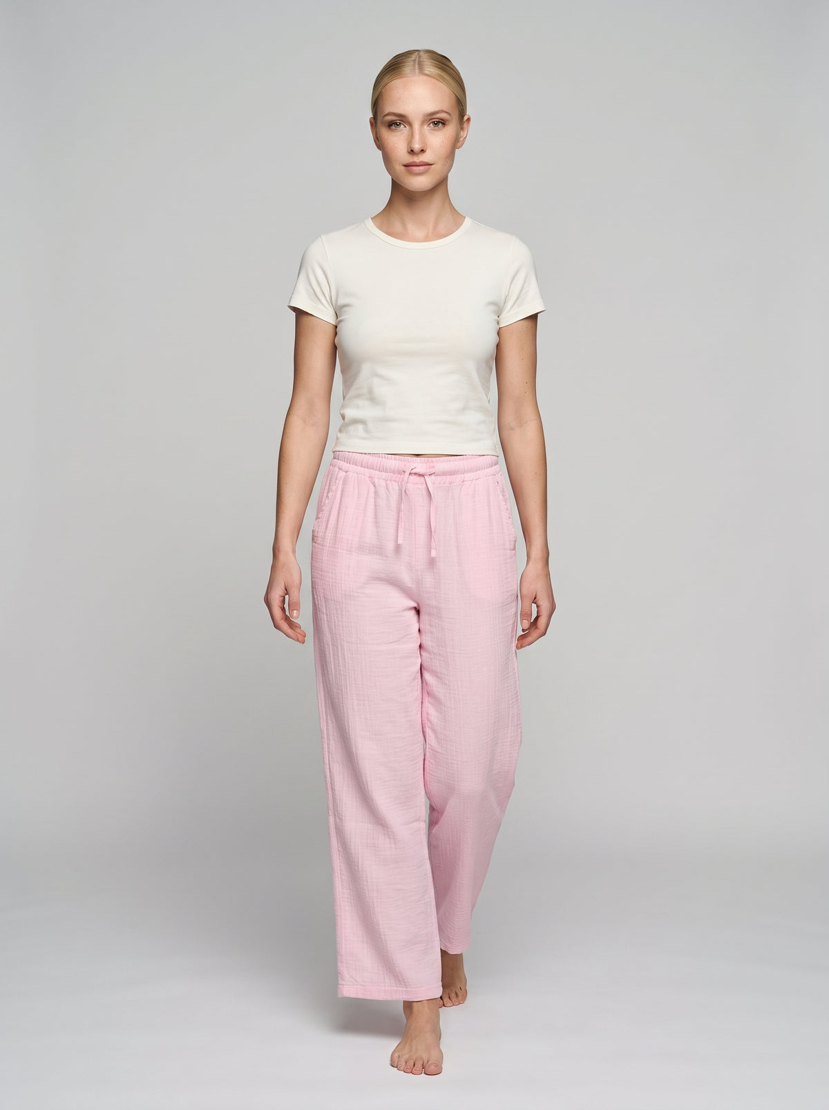 Pembe müslin kadın pantolon, %100 pamuk, beli lastikli