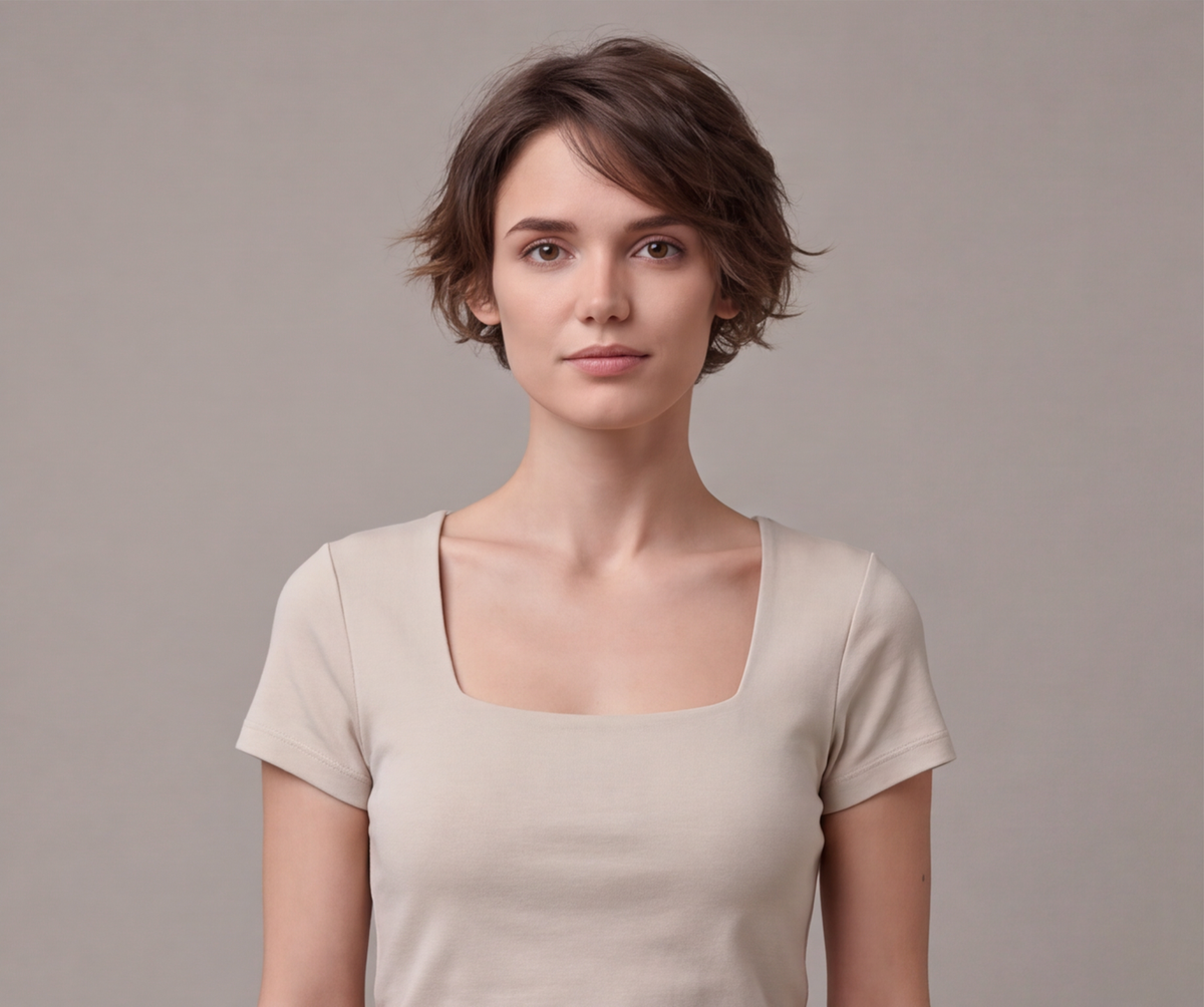 Bej kare yaka kısa kollu kadın tişört - 8. görsel
