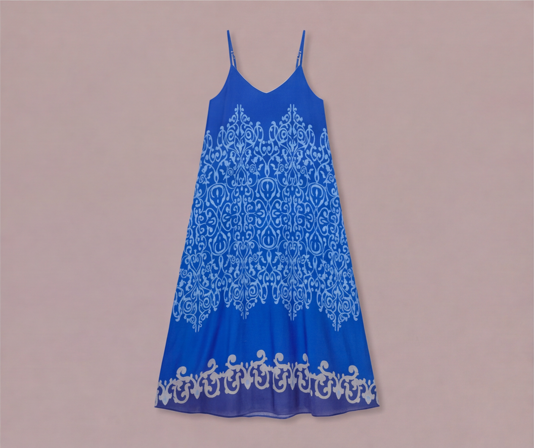 Damask barok desenli ip askılı uzun kadın elbise - 11. görsel