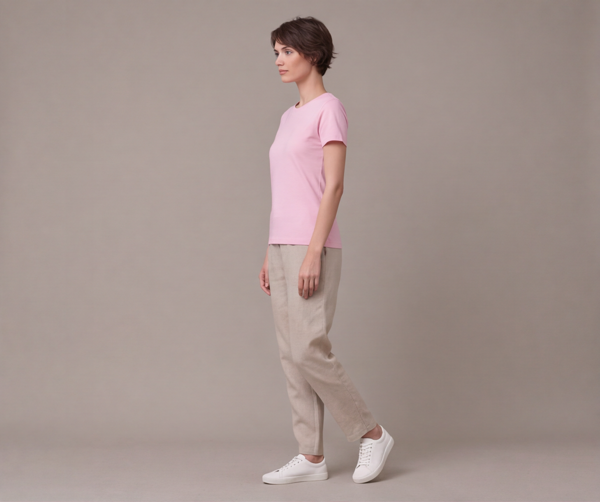Pembe yuvarlak yaka kısa kollu kadın tişört - 33. görsel