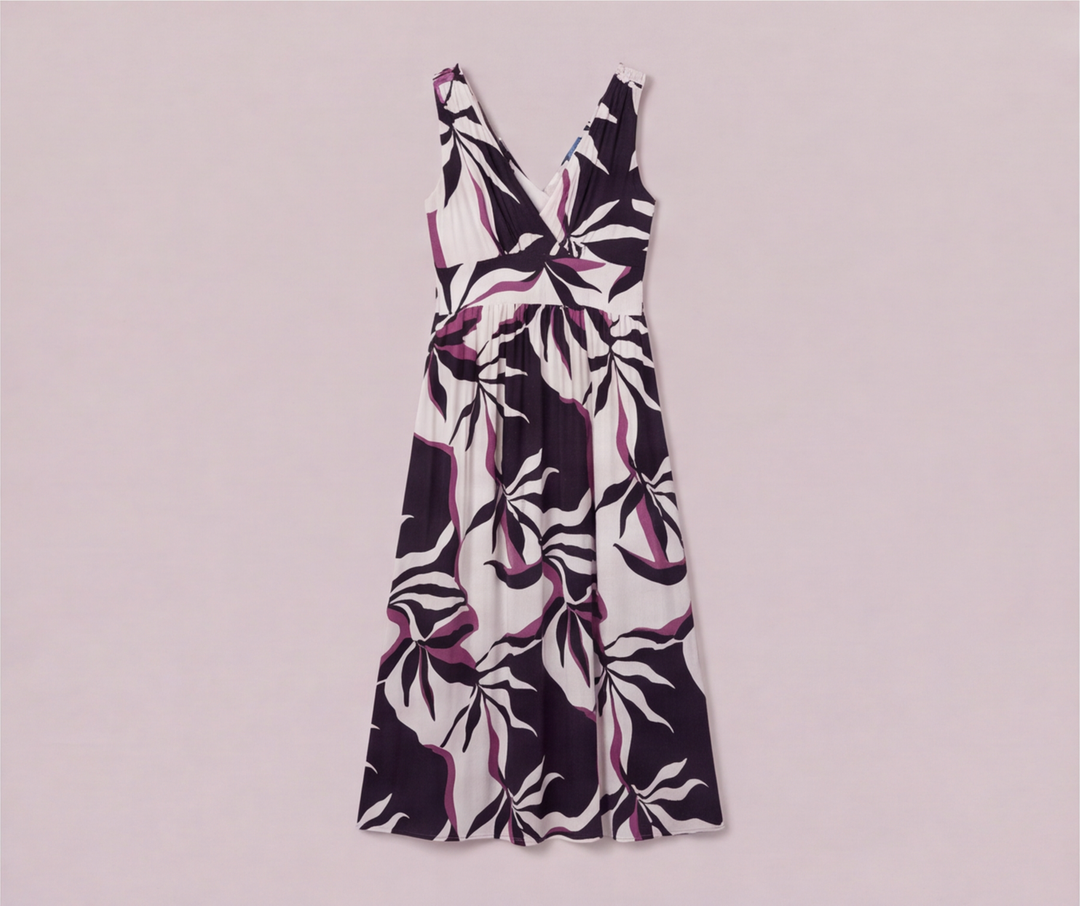 Büyük tropikal yaprak desenli göğüs altı oturan uzun kadın elbise - 11. görsel