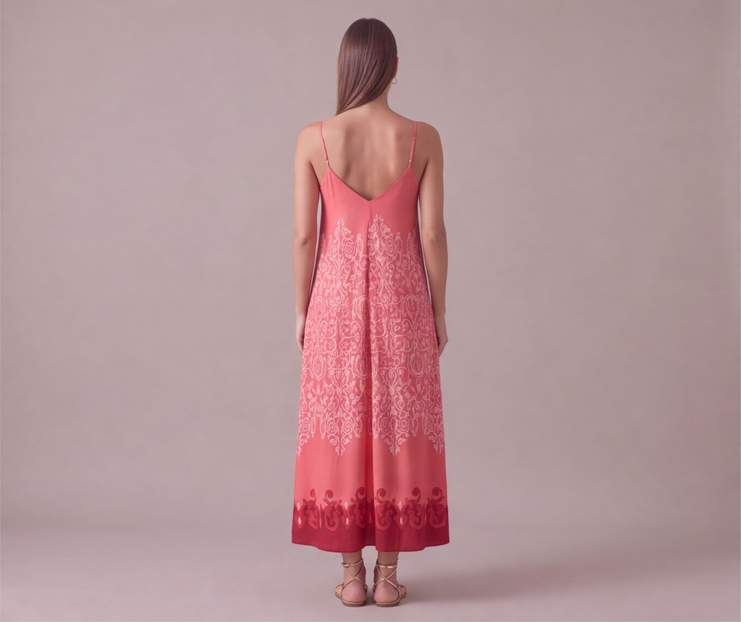 Pembe damask barok desenli ip askılı uzun kadın elbise - 22. görsel