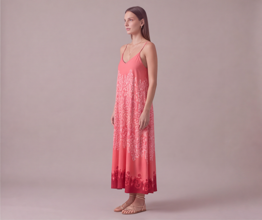 Pembe damask barok desenli ip askılı uzun kadın elbise - 21. görsel