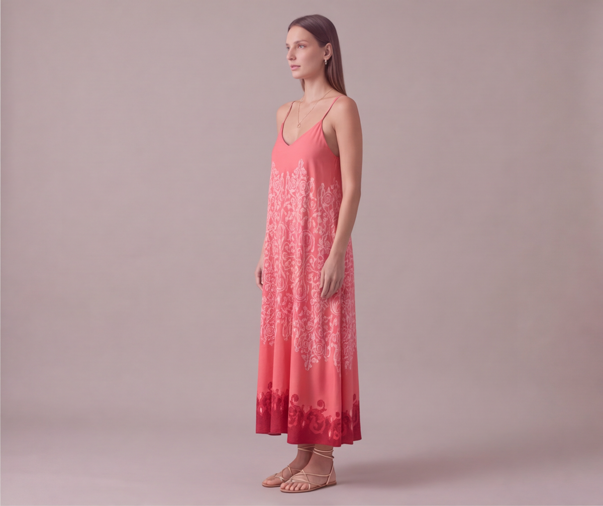 Pembe damask barok desenli ip askılı uzun kadın elbise - 21. görsel
