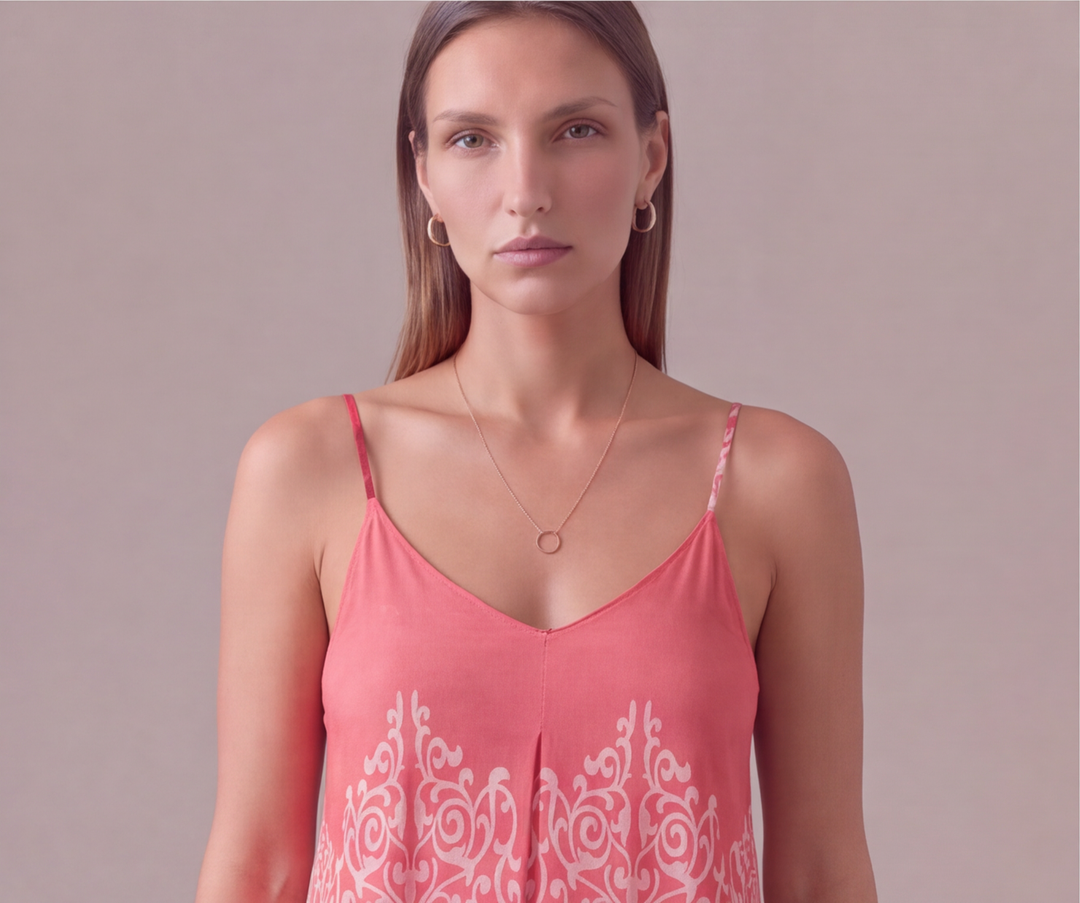 Pembe damask barok desenli ip askılı uzun kadın elbise - 20. görsel
